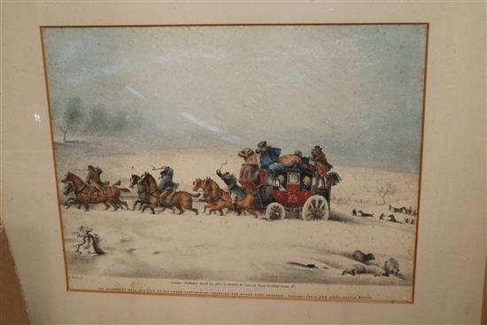 After James Pollard, a set of four coloured lithographs, travellers in the snow and a pair of later limited edition prints 27 x 35cm